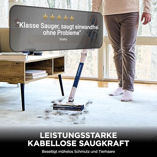 Shark PowerPro Akku-Staubsauger freistehend, bis 50 Min. Laufzeit, kabellos, beutellos, für Tierhaare, Allergiker, Teppich und Hartböden, mit LED-Licht und Knickgelenk-Rohr, Navyblau, IZ380EU