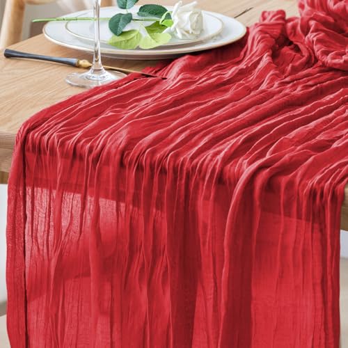 Xiomot Table Runner Cheesecloth 10FT Red Boho Gauze Cheese Cloth Rustic Sheer Table Runners for Wedding Birthday Bridal Baby Shower Party Decoration