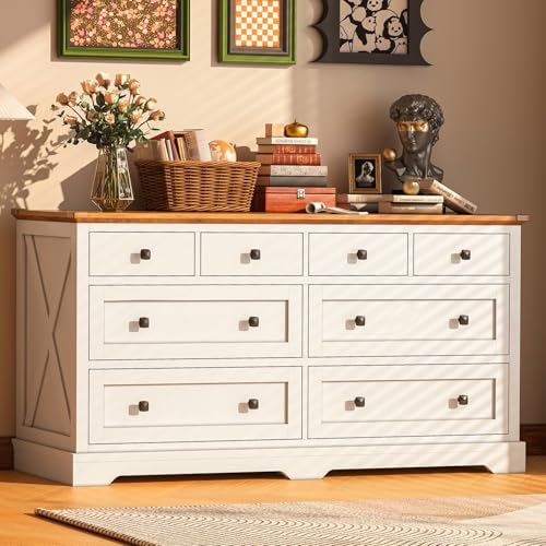 8 Wooden Drawers Long Dresser for Bedroom54 Farmhouse Dresser TV StandChest of Drawers Large Storage Capacity for Living RoomentrywayAntique White