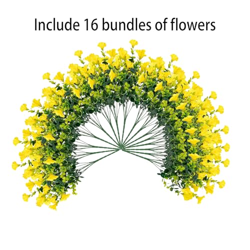 Artificial Flowers for Outdoors16 Bundles of UV-Resistant Silk Morning Glory with Eucalyptus-Realistic Faux Plants as Perfect Filler for Home Planter Porch & Garden Decor (Yellow) image 3