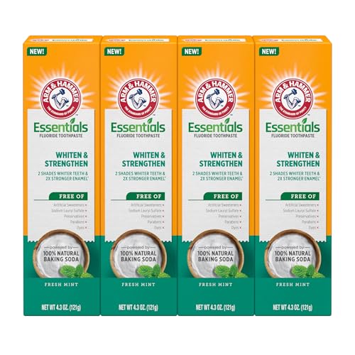 ARM & HAMMER Essentials Whiten & Strengthen Fluoride Toothpaste-4 Pack of 4.3oz Tubes, Fresh Mint- 100% Natural Baking Soda- Fluoride Toothpaste