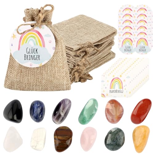 HOCUCHELAND 12 Set Glückssteine für Kinder, Muggelsteine Bunt mit “Glück BRINGER” Regenbogen Grußkarten, Party Mitgebsel Glücksbringer Kinder für Kindergeburtstag Gastgeschenke Ostergeschenke