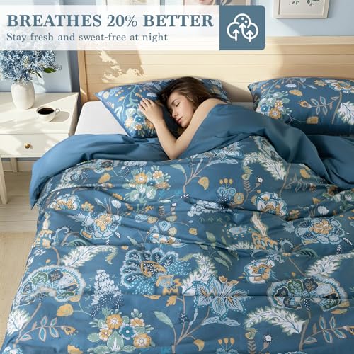 Shilucheng 100% Cotton Floral Duvet Cover King Size - 600 Thread Count, Breathable & Cooling Comforter Cover with Zipper Closure,Hotel Bedding Duvet Covers 3 Piece (Navy Blue)