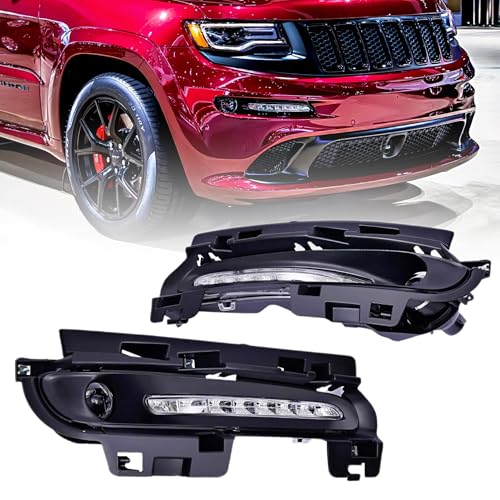 XIJIE Pair Fog Light Kit Fit for 2012 2013 2014 2015 2016 Jeep Grand Cherokee SRT8 Front LED DRL Daytime Running Lights Fog Lights Lamps With Harness Kit Driver's Left Side + Passenger's Right Side