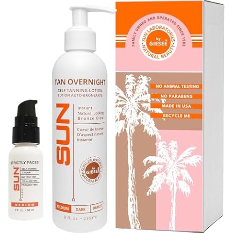 Sun Laboratories By Giesee Self Tanning Kit with 8 oz Tan Overnight Self Tanning Lotion and 2 oz Sunless Tanning Face Cream - Odorless, Non-Toxic Self Tanner for Fair to Medium Skin Cover