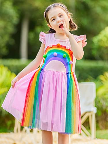 Vieille Rainbow Dress for Girls Flutter Sleeve Tulle Dresses Summer Sundress 3-8 Years4