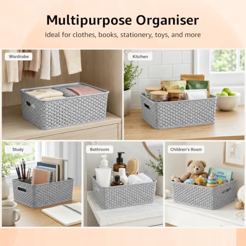 Image of Amazon Basics Set of 3 (Small, Medium, Large) Plastic Storage Baskets with Lid Stackable Shelf Basket, Storage Box & Organiser for Wardrobe, Kitchen,Clothes, Toys, Books, Office (Grey, Rectangular)