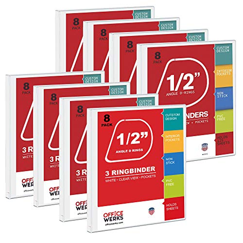 3 Ring Binders, 0.5 Inch Angle D Rings, White, 8 Pack, Clear View, Pockets