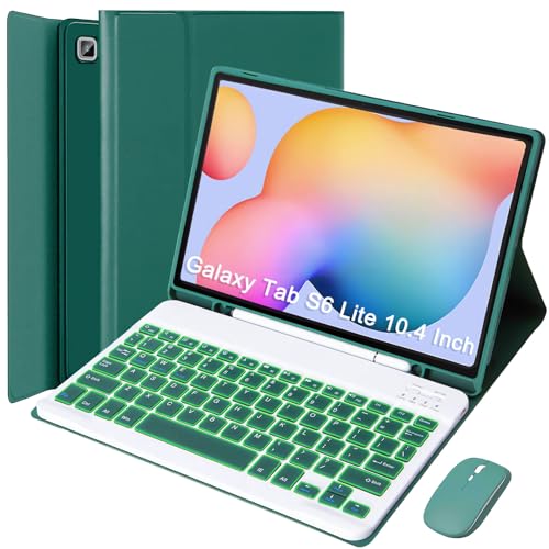 VLEAQC Keyboard Case with Mouse for Samsung Galaxy Tab S6 Lite 10.4 Inch 2024/2022/2020 Detachable Bluetooth Backlight Keyboard Slim Stand Cover with S Pen Holder Dark Green