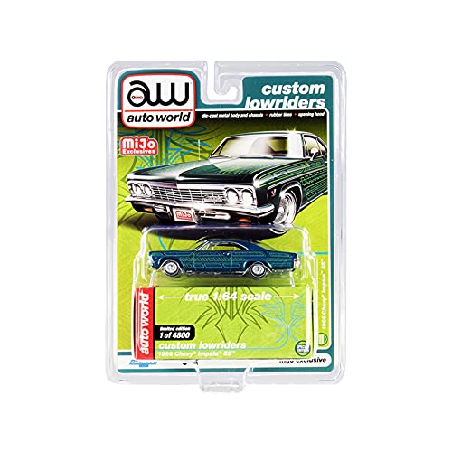 1966 Chevy Impala SS azul metálico con gráficos Lowriders personalizados Edición limitada a 4800 piezas 1/64 Diecast Model Car por Autoworld CP7740