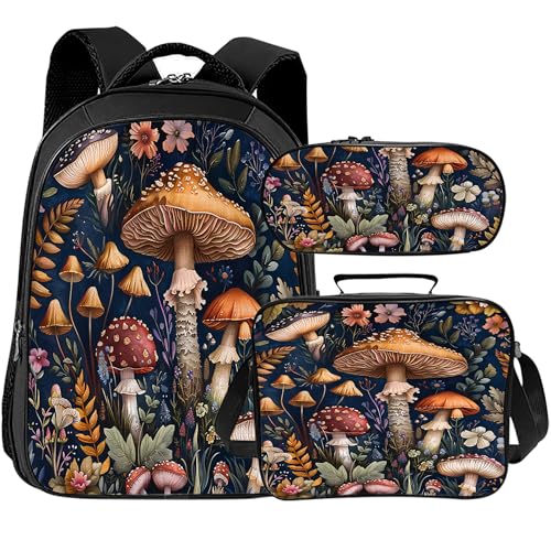 Tijuboni Kids Backpack for School Boys and Girls - 3pcs, Mushroom School Backpack with Lunch Box and Pencil Case for Children Teens 16 Inch Large Capacity