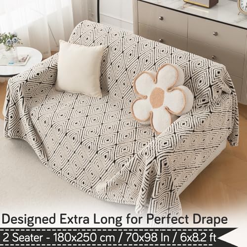 Image of HOKIPO Plush Sherpa Sofa Cover for 2 Seater Sofa | Thick Cozy Washable Sofa Throw | Full Protection Sofa Cover, 'Noirea Series' Geometric Diamond (180x250 cm) (AR-6652-D6)