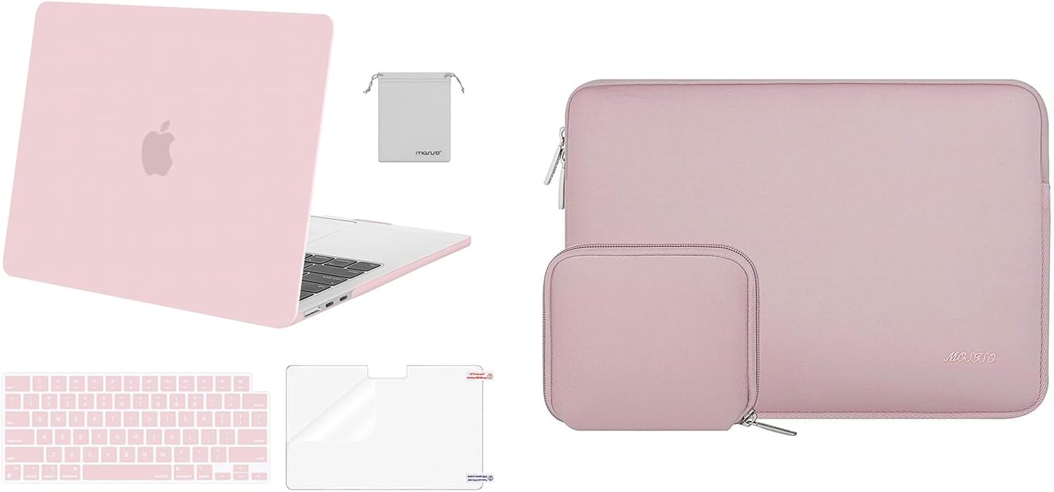 MOSISO Compatible with MacBook Air 13 inch Case 2024 2023 2022 M3 A3113 M2 A2681 Touch ID, Plastic Hard Case&Keyboard Cover&Screen Film&Pouch Compatible with MacBook Air 13.6 inch Case&Bag, Baby Pink