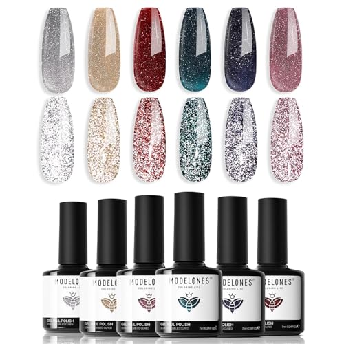 Image of modelones Glitter Gel Nail Polish Set, 6 Colors Fall Winter Dark Red Pink Silver Gold Black Gel Polish Kit Shimmer Sparkle Reflective LED Soak Off Manicure Art Kit Home DIY Salon Gift for Women