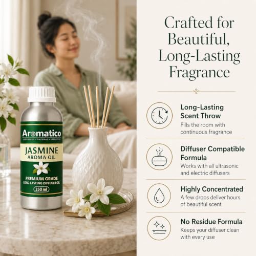 Image of AROMATICO Jasmine Diffuser Oil with Strong, Long-Lasting Aroma for Homes, Offices & Showrooms. Aromatherapy, Diffusers, Air Purifiers, Vaporizers -250 ml
