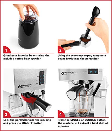 EspressoWorks 19-Bar Espresso, Latte and Cappuccino Maker 10-Piece Set - Brew Cappuccino and Latte with One Button - Espresso Machine with Milk Steamer 1250W - Coffee Gifts (White)