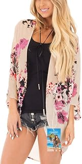 YULOONG Womens Cover Ups Chiffon Floral Print Kimono Loose Shawl Cardigan Boho Summer Casual Blouse Top Sexy Beach Swimwear