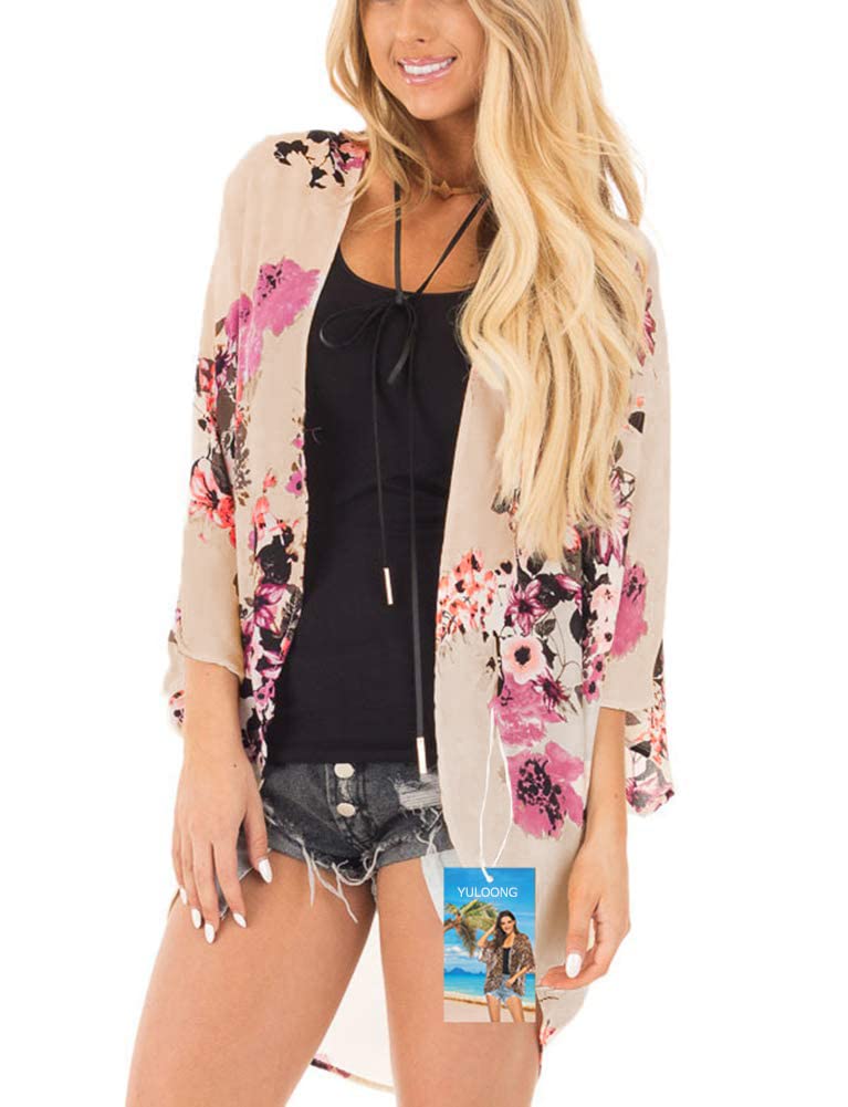 YULOONG para Mujer Cover Ups Gasa Estampado Floral Kimono Suelto Chal cárdigan Boho Verano Blusa Informal Top Sexy Playa Traje de baño Capas
