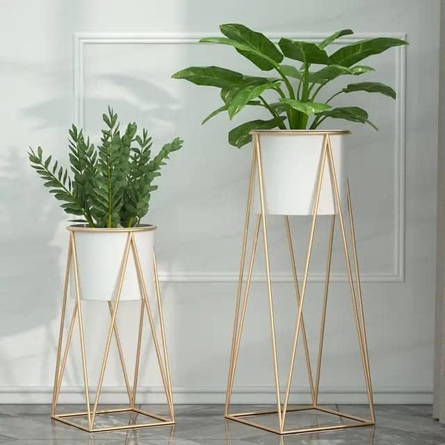 Image of Decent Home Decor Iron Metal Indoor Out Door Bedroom Home Office Planter Pot Tall Stand with Planter for Living Room, Balcony Flower Pot Stand Set of 2 (White)