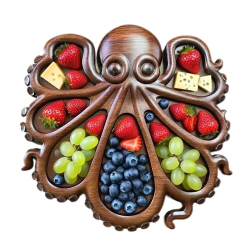 HuijXanqor Octopus Charcuterie Board 15.5 x 13.8 Wooden Serving Tray Platter with Tentacle Design for Cheese Fruit Bread Food Dish Serving Dishes House Warming Gifts New Home 7 Compartments