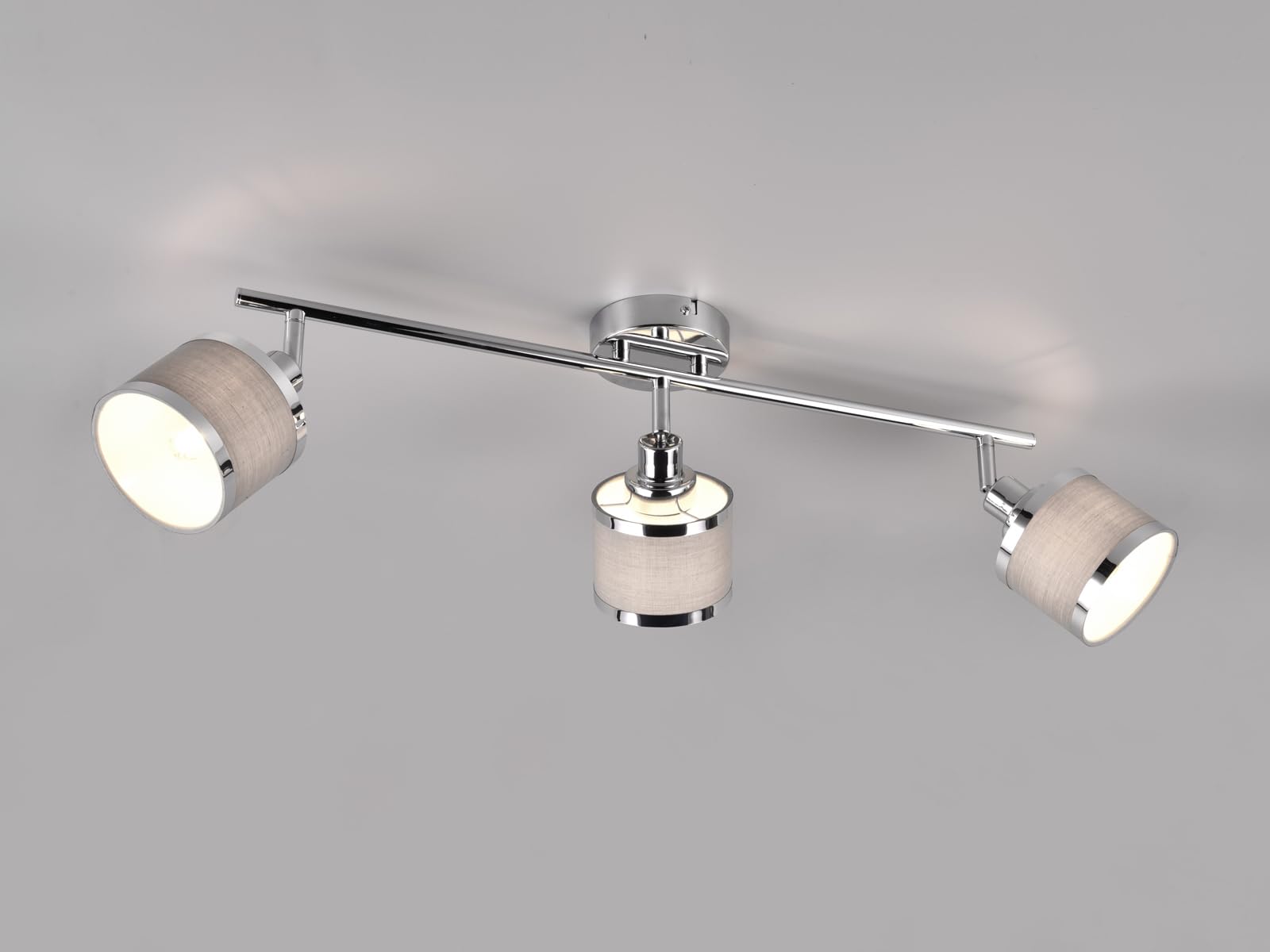 3-flammiger Deckenstrahler Silber Chrom, Stoffschirme Grau Breite 80cm