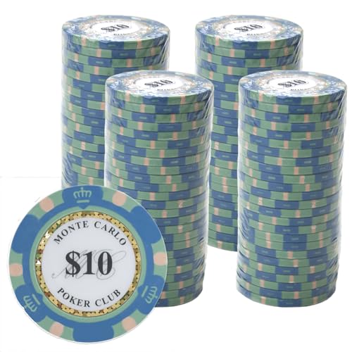 Gamers Lounge Monte Carlo 14-gram Poker Chips (100-pack) - Premium Heavyweight Clay Composite ($10 Light Blue)