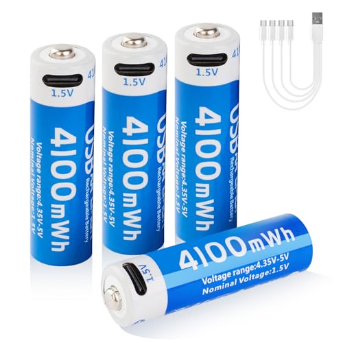 insziii 4100mWh Rechargeable Lithium AA Batteries 4 Pack, 1.5V USB Double A Lithium-ion Batteries AA Size, Long Lasting 1200 Cycles, High Capacity Battery for Toys, Flashlight, Smart Door Lock