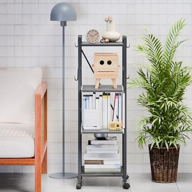 4 Tier Kitchen Rolling Cart, Microwave Stand with Drawers & Hooks, Coffee Bar Cart Baker's Rack, Small Appliance Storage Trolley with Wheels, Small Island for Kitchen Black-GwptgAOo