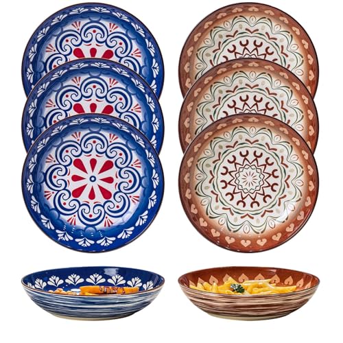 Yeacccng Bohemian Pasta Bowls Set of 6, 8.5 Inch 35 oz Ceramic Serving Bowls, Large Salad Bowl Bowls, Lead-Free, Dishwasher Microwave Oven Safe, Brown Blue Kitchen Decor
