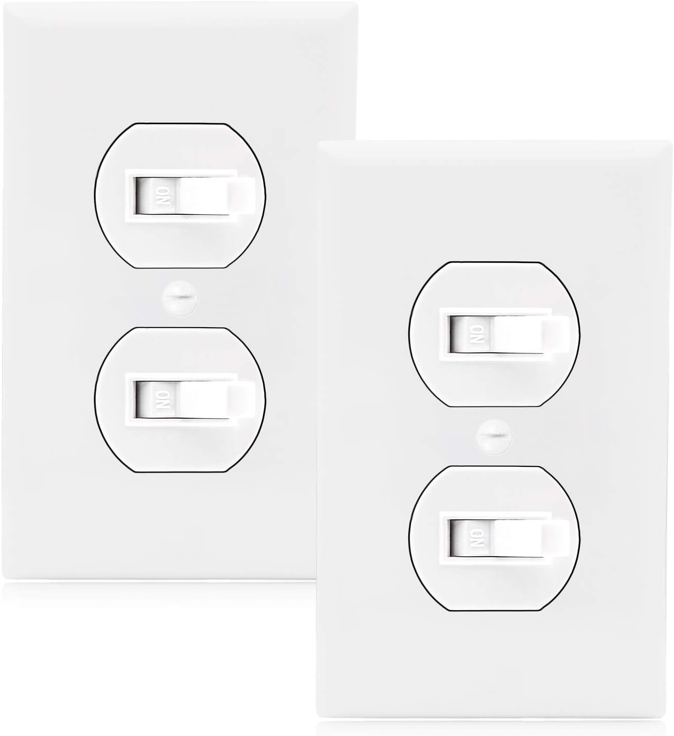 Maxxima AC Toggle Combination Electrical Light Switch - Duplex Switch 15 Amp Modern, Single Pole, 1800 Watt Max, White Wall Plate Cover Included, Perfect for Bathroom Lighting and Vent Fans - 2 Pack