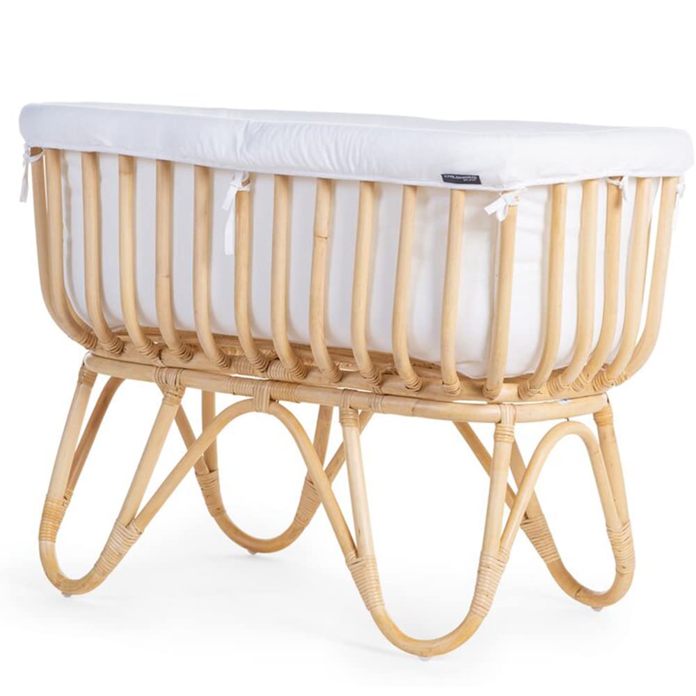 CHILDHOME, Berceau En Rotin Pour Bébé, Rectangulaire, Matelas Inclu, Très Leger, Utilisation Jusqu'À 9Kg, 90X50X70 cm, Habillage Jersey Ecru