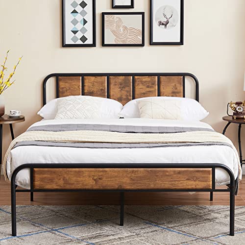 Vecelo Full Bed Frame Metal Platform With Wooden Headboard & Footboard Mattress Foundation Strong Metal Slats Support No Box Spring Replacement/Easy Assemble #TOP27