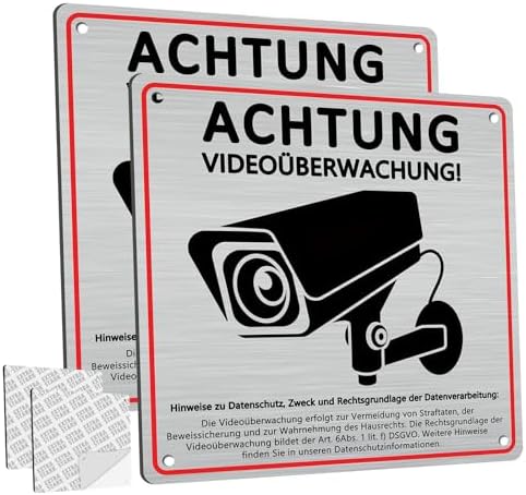 2 Stück Schild Videoüberwachung Privatgrundstück mit DSGVO Hinweis, 15 x 15 cm Aluminium Hinweisschild Videoüberwachung, mit Selbstklebend und 4 Bohrlöcher, Schilder Kameraüberwach