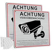 2 Stück Schild Videoüberwachung Privatgrundstück mit DSGVO Hinweis, 15 x 15 cm Aluminium Hinweisschild Videoüberwachung, mit Selbstklebend und 4 Bohrlöcher, Schilder Kameraüberwachung, Warnschild