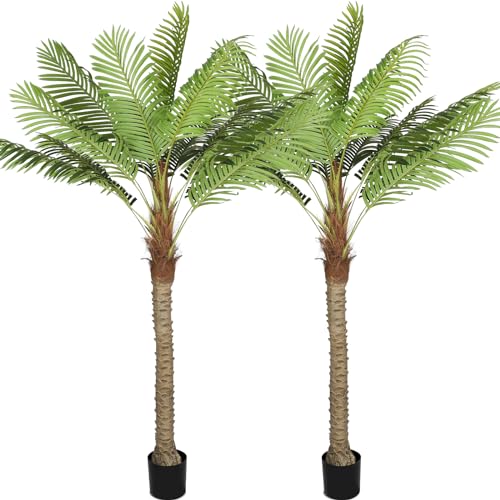Riceshoot 2 Set 8ft Artificial Palm Trees Faux Tropical Palm Trees for Outdoors Indoor Fake Coconut Plants in Pot for Outside Patio Pools Home Garden Office Porch Decor