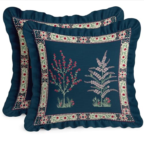 Vargottam Throw Pillow Covers Set of 2-100% Cotton Twill, Frilled Edge, Double Sided Print, 16 x 16 Inch Decorative Cushion Covers, Hidden Zip, No Filler - Floral Print