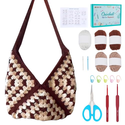 FREEBLOSS Kit de bolsa de crochê para iniciantes, bolsa quadrada de crochê para mulheres com tutoriais em vídeo passo a passo kit de tricô para adultos
