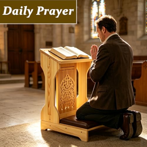 LZALMMS Tree of Life Church Prayer Bench Stool with Padded Kneeler Cushion & Angled Book Shelf, Solid Pine Wood Kneeling Bench for Home Chapel Worship, Natural Wood Finish by LZALMMS - Used condition - Image 3