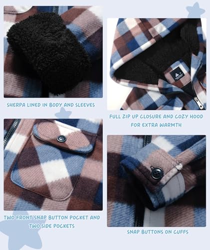 Image of V VALANCH Boys Flannel Jacket Hooded Fleece Lined Zip-up Hoodies Plaid Coat for Kids