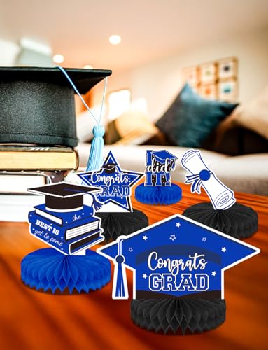 Image of 9Pcs Graduation Table Decorations - Blue and Black Graduation Centerpieces for Tables Congrats Grad Honeycomb Centerpieces Congratulate Table Toppers Grad Party Decorations, Class of 2026 Decor