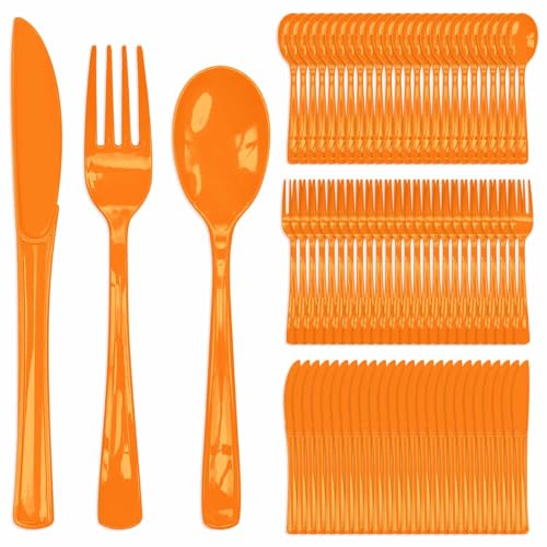 FALIZIFU 150 Pcs Orange Plastic Cutlery Set Disposable Fall Heavy Duty Plastic Knives Forks and Spoons Silverware Utensils Set for 50 Guests Birthday Wedding Party Disposable Flatware Sets