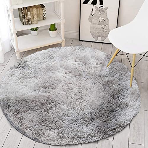 Tenekee Round Rugs for Bedrooms Fluffy Living Room Circle Area Rug Soft Shaggy Carpet for Kids Room Floor Mat(Grey white, 120cm) - Image 2