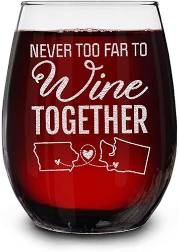 Copa de vino sin tallo personalizada con grabado de larga distancia con texto en inglés «Never Too Far to Wine Together», regalo personalizado para