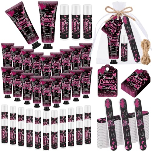 Leelosp 24 Sets 120 Pcs Breast Cancer Hand Cream Lip Balm, Pink Ribbon Hope