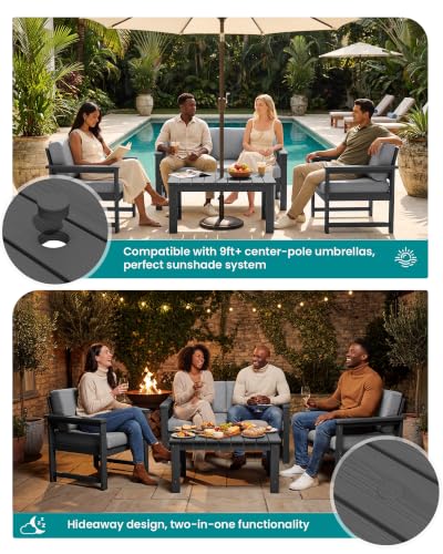 Image of SERWALL 3 Pieces HDPE Outdoor Bistro Sofa Set with Cushions, All Weather Use Adirondack Single Armchair Set of 2 with Side Table, Grey Frame with Grey Cushions