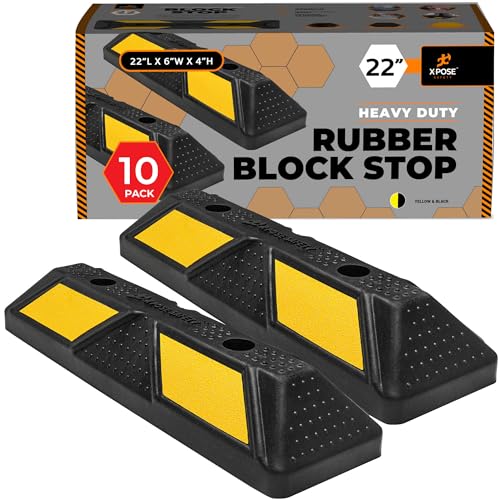 Image of Xpose Safety 22 inch Heavy Duty Rubber Parking Stopper (10 Pack) - Wheel Stops, Parking Lot Bumpers & Rubber Parking Curb for Garage, Driveway or Ramp - Car Bumper Stops with Yellow Reflective Strips