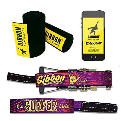 Gibbon Slacklines Surferline with treewear, Purple, 98ft(90ft line + 8ft Ratchet Strap with Reinforced Loop) incl. Ratchet Protection, Tree and line Protection (Black Felt) 50mm/2
