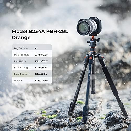 K&F Concept Compact Camera Tripod, 64" Tripod for Landscape Photography, with Detachable Monopod 360 Panorama Ball Head Carrying Bag Loading Up to 10KG/22lbs for SLR DSLR Digital Camera B234A1+BH-28L