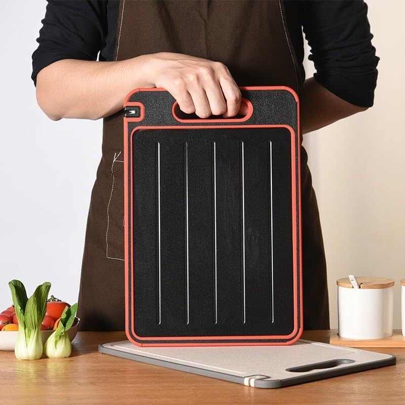 Tagliere Acciaio Inox Taglieri Tagliere In Plastica A Doppia Faccia In Acciaio Inossidabile Con Affilatore, Scongelamento Rapido Di Carne Congelata, 304(Black With Red)