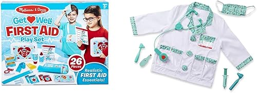 Melissa & Doug Get Well Kit de primeros auxilios (25 piezas) y juego de disfraz de doctor (embalaje sin frustración)